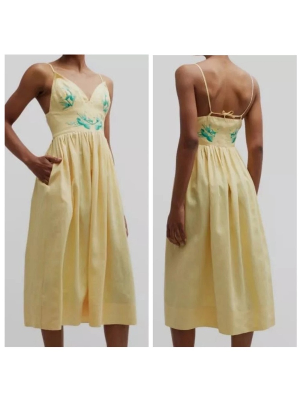 FANM MON Emilie Pleated Linen Midi Dress With Embroidery In Golden Haze Size M